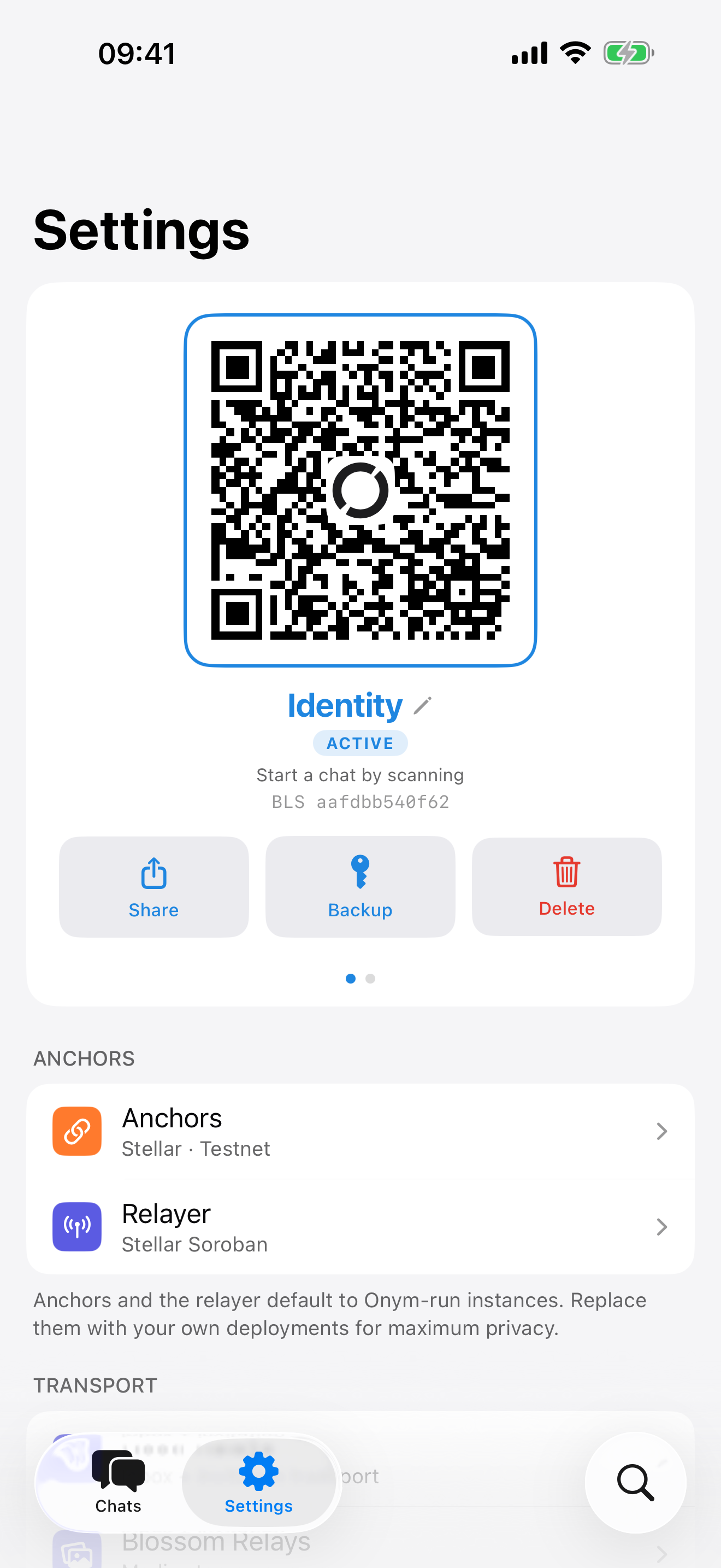 Onym identity screen