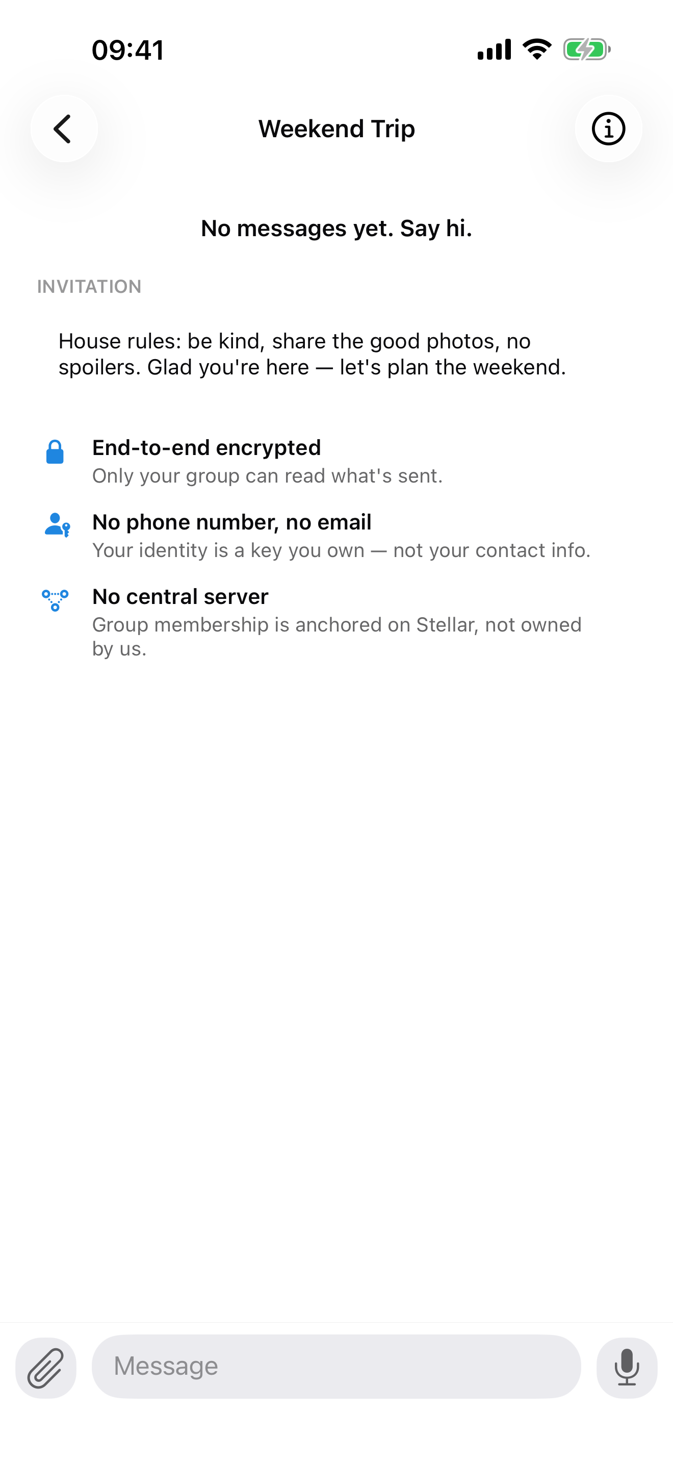 Private group welcome screen